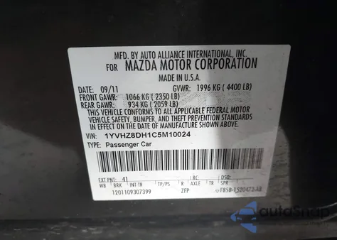 2012 Mazda Mazda6 I Touring from USA, damaged, VIN 1YVHZ8DH1C5M10024